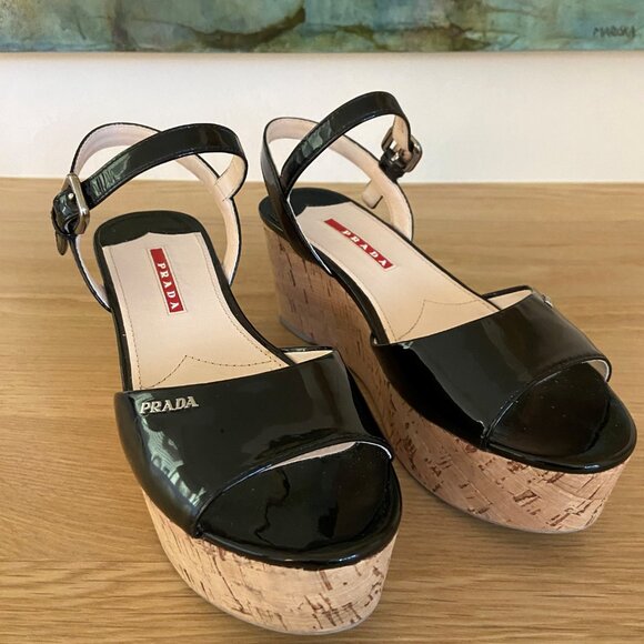 Prada Black Patent Sandals With Cork Wedge 36.5 - Picture 2 of 10